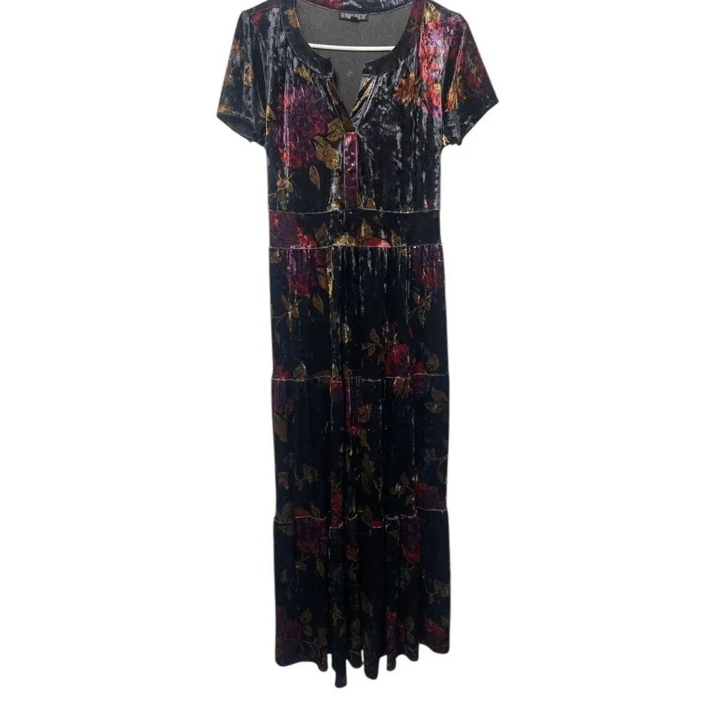 The Pyramid Collection Velvet Tiered Maxi Dress S Black Floral Whimsy Goth Witch - Picture 2 of 8